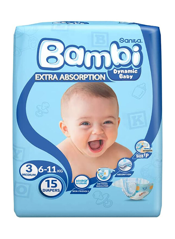 

Sanita Bambi Extra Absorption Baby Diapers, Size 3, Medium, 6-11 Kg, 15 Counts