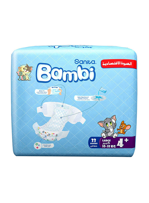 Sanita Bambi Baby Diapers, Size 4+, Large plus, 10-18 kg, Value Pack, 33 Count