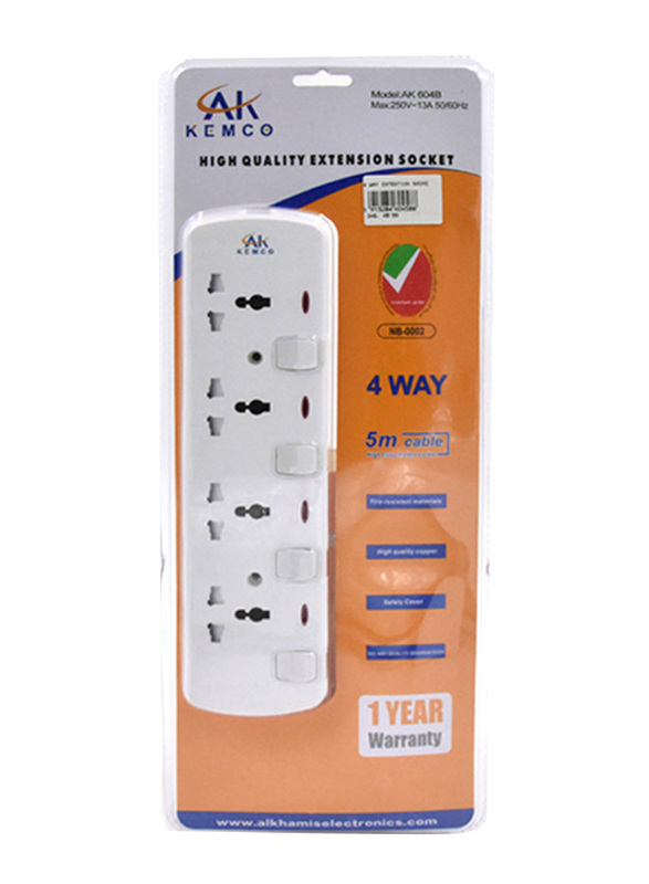 AK Kemco 4 Way High Quality Extension Socket, 5 Meter Cable, White