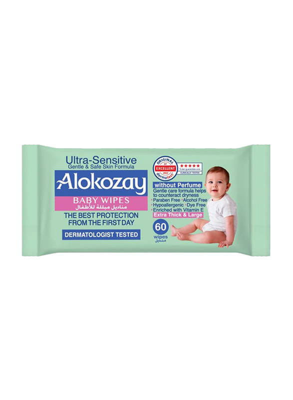 Alokozay 60 Wipes Ultra-Sensitive Baby Wipes Without Perfume