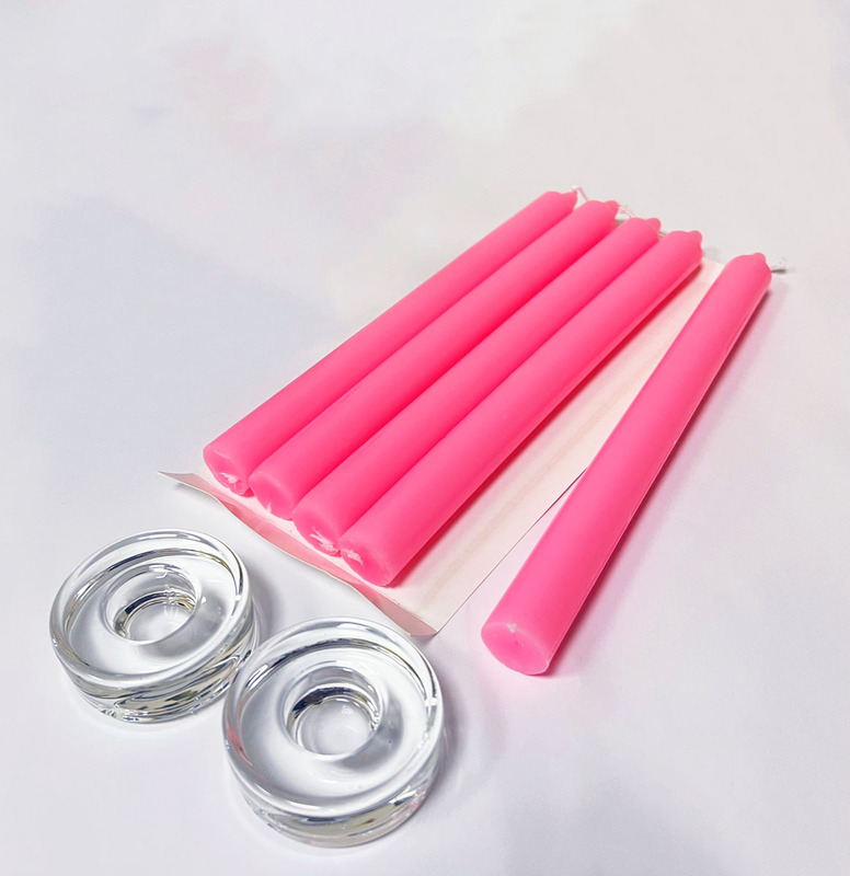 Pink 5pcs Taper Candles Long Pole Scented Candle 23cm + 2 glass candle holder