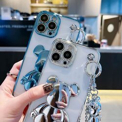 Cute Case for iPhone 13 Pro, Cartoon Silver Teddy Bear Sparkle Bling Cover with Metal Chain Strap Bell Pendant, Fashion Soft TPU Shockproof, Phone Case Suitable for Women & Girls