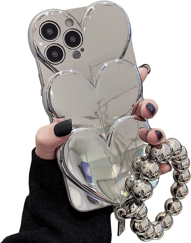Plating Silver Heart Cases for iPhone 12 Pro with Ball Chain