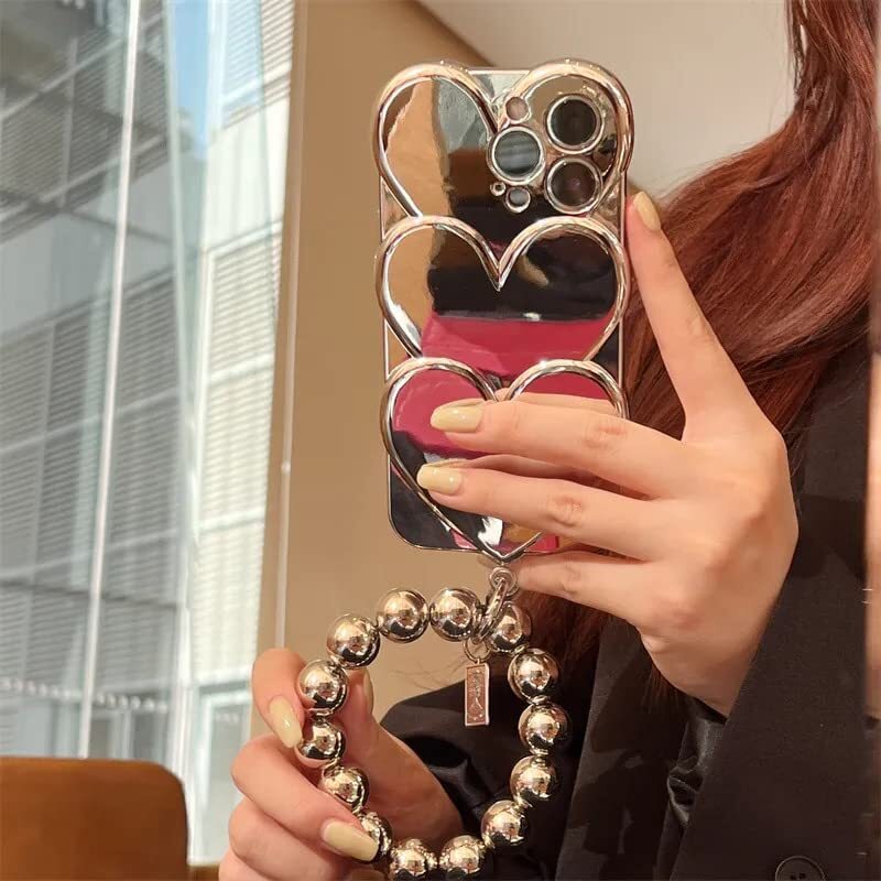 Plating Silver Heart Cases for iPhone 13 Pro Max with Ball Chain