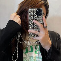 iPhone 13 Pro Max Luxury Silver 3D Love Chain Necklace Lanyard Case