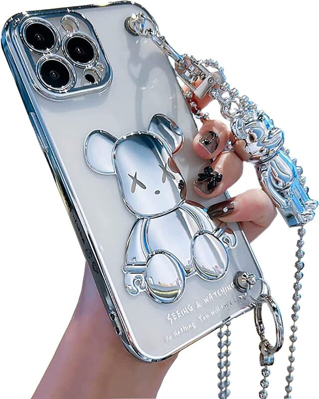 Cute Case for iPhone 12 Pro Max, Cartoon Silver Teddy Bear Sparkle Bling Cover with Metal Chain Strap Bell Pendant, Fashion Soft TPU Shockproof, Phone Case Suitable for Women & Girls