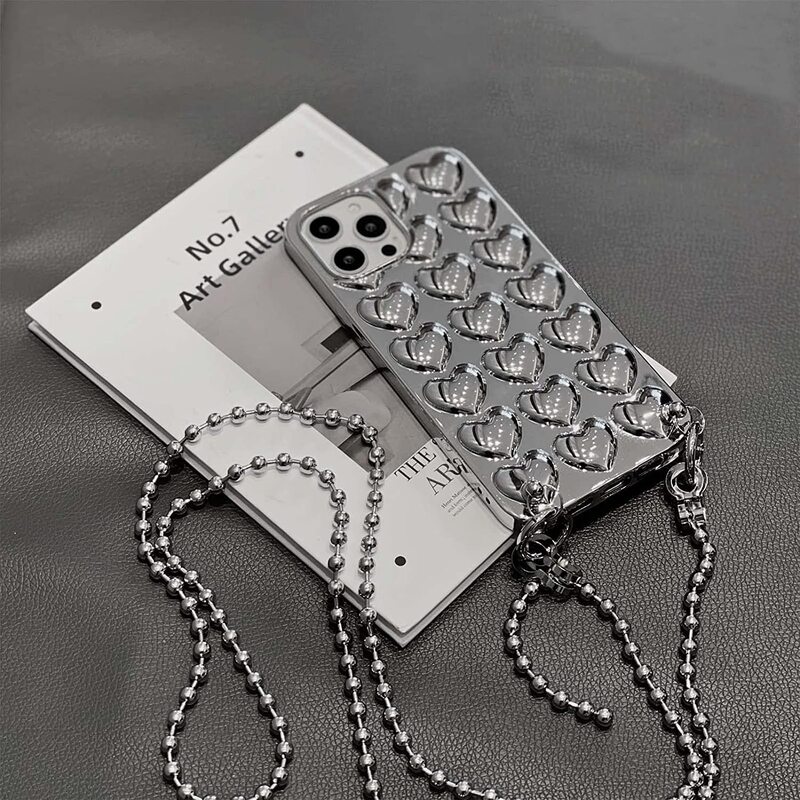 iPhone 13 Pro Luxury Silver 3D Love Chain Necklace Lanyard Case