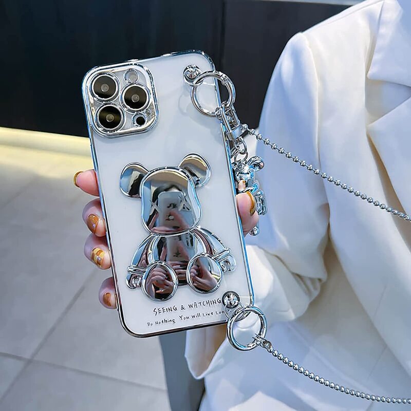 Cute Case for iPhone 13 Pro, Cartoon Silver Teddy Bear Sparkle Bling Cover with Metal Chain Strap Bell Pendant, Fashion Soft TPU Shockproof, Phone Case Suitable for Women & Girls