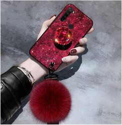 Case Luxury Fur Ball Rope Marble Bling Diamond Stand Plush Ball Strap Glitter Case Cover for SamsungA73 Case Color Red