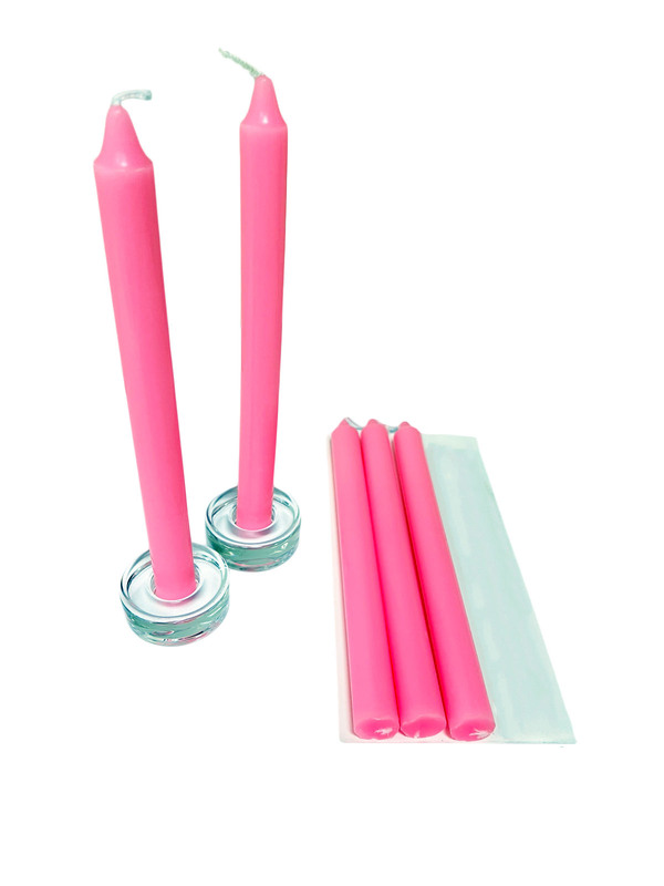 Pink 5pcs Taper Candles Long Pole Scented Candle 23cm + 2 glass candle holder