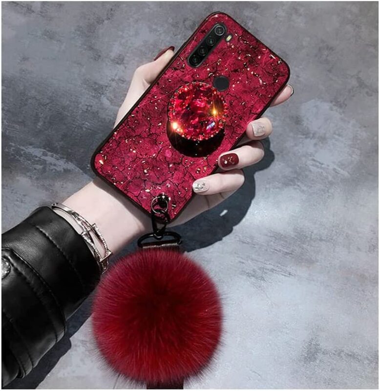 Case Luxury Fur Ball Rope Marble Bling Diamond Stand Plush Ball Strap Glitter Case Cover for Samsung S22 Ultra Case Color Red