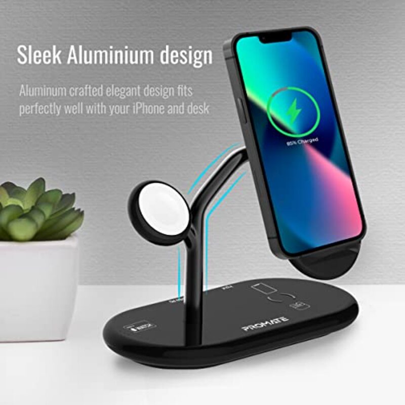 Promate Wireless Charging Station 4-in-1 Charging Dock with 5W Magnetic MFi Apple Watch Charger, Black