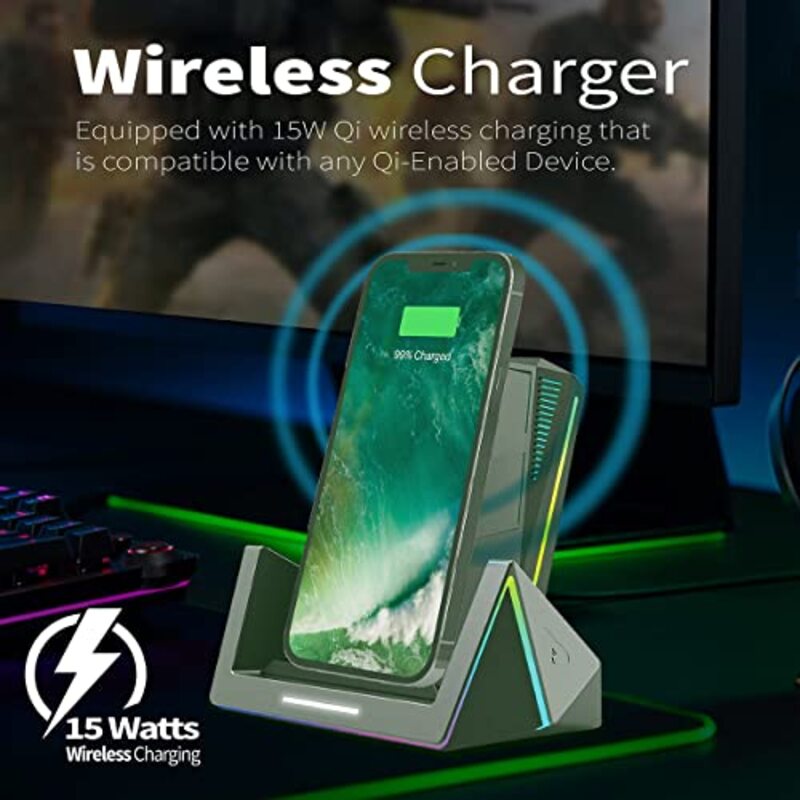 Vertux 15W RGB Qi Wireless Gaming Charging Smartphone Stand for Apple iPhone 11 Pro, Apple iPhone 11, Black