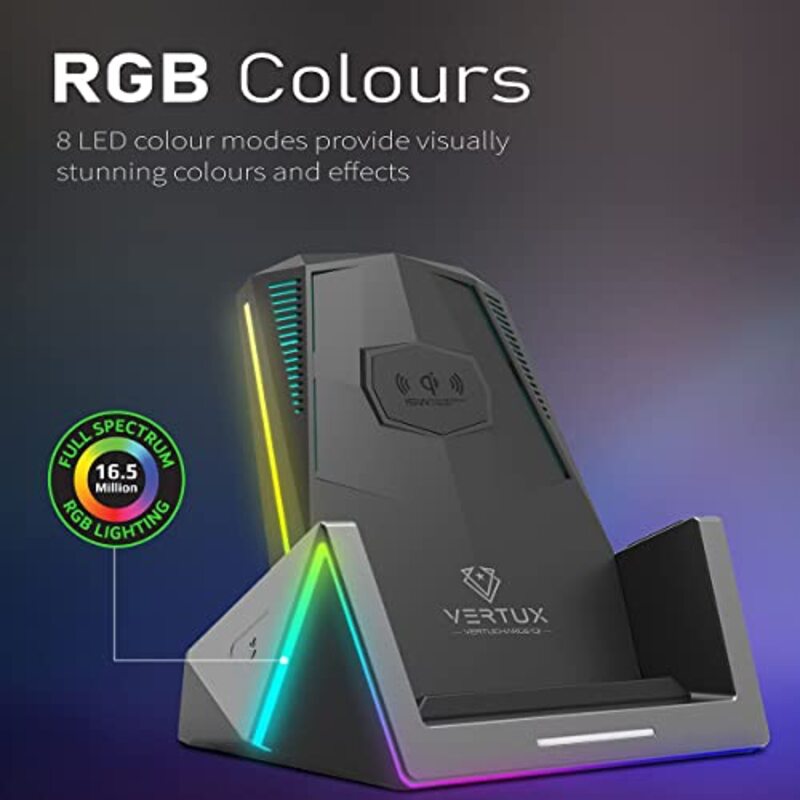 Vertux 15W RGB Qi Wireless Gaming Charging Smartphone Stand for Apple iPhone 11 Pro, Apple iPhone 11, Black