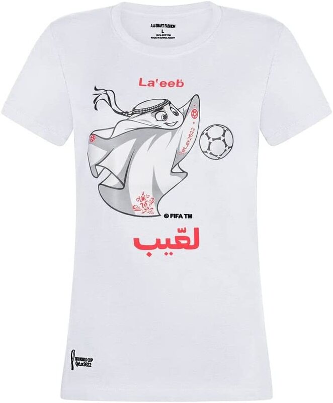 A.A Smart Fashions 2022 Official Football World Cup Mascot T-Shirt for Women, White, Small