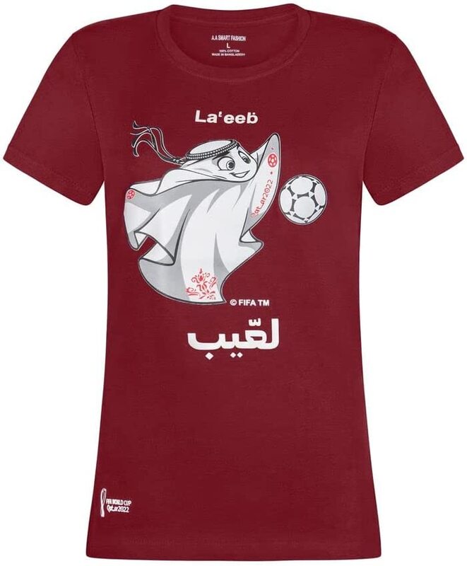 A.A Smart Fashions 2022 Official Football World Cup Mascot T-Shirt for Women, Maroon, Small