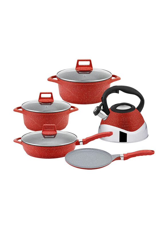

Venice Italy 9-Piece Hausroland Long Lasting Cookware Set, Red