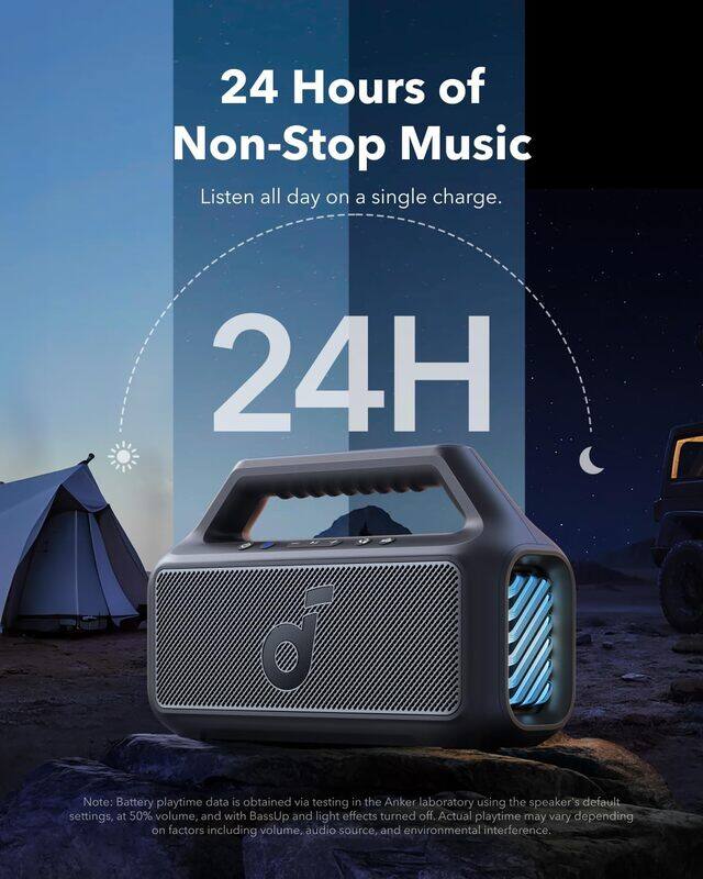 Soundcore Boom 2 Outdoor Speaker, 80W, Subwoofer, BassUp 2.0, 24H Playtime, IPX7 Waterproof, Floatable, RGB Lights, USB-C, Custom EQ, Bluetooth 5.3, Portable for Outdoors, Camping, Beach