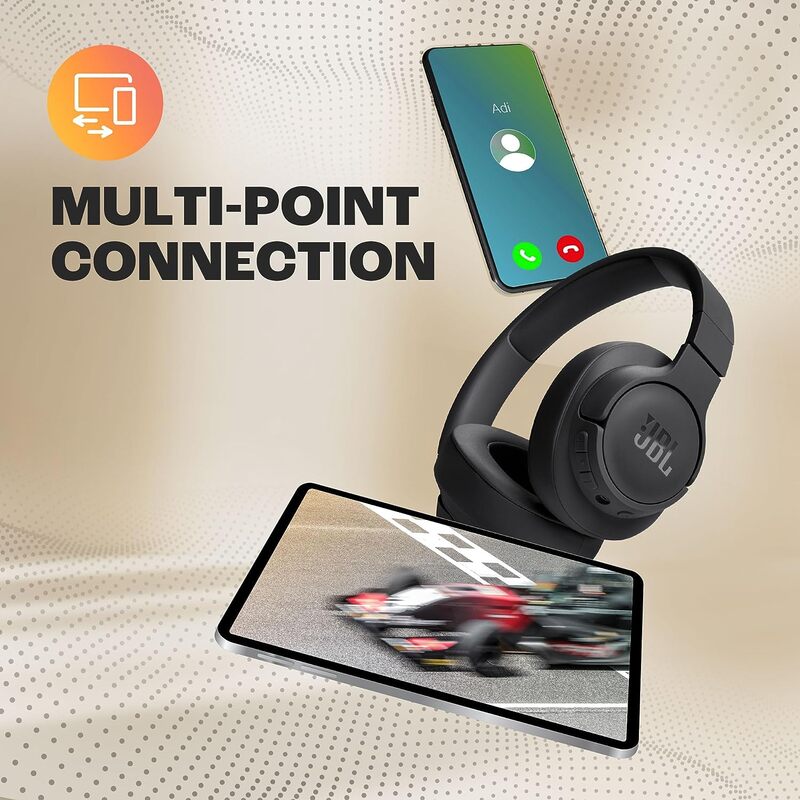 JBL Tune 720BT Wireless Over-Ear Headphones, Pure Bass Sound, Bluetooth 5.3, 76H Battery, Hands-Free Call, Multi-Point Connection, Foldable, Detachable Audio Cable - Black, JBLT720BTBLK