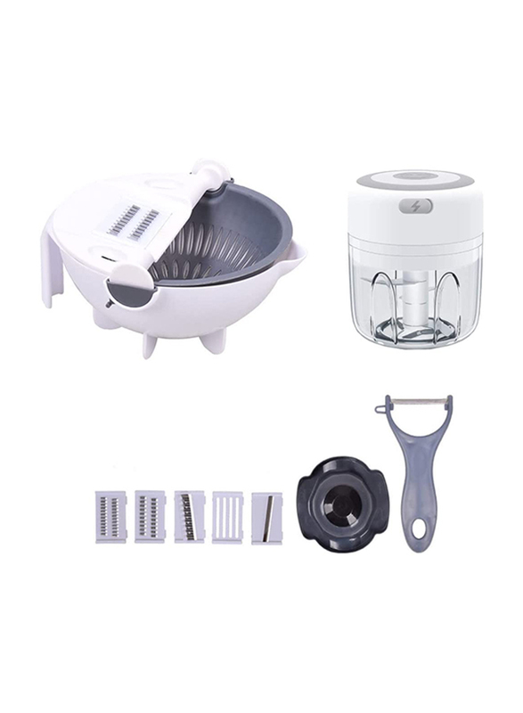 Zorex 100ml 9 In 1 Multifunction Vegetable Cutter Rechargeable Mini Food Chopper Shredder With Drain Basket Bowl & Vegetable Blender, White