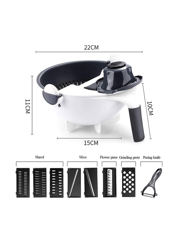 Zorex 9 in 1 Multifunction Rotate Vegetable Cutter Shredder with Drain Basket Bowl, White