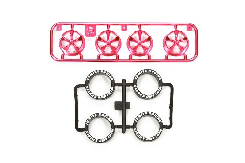 

Tamiya Mini 4WD GUP Low Height Tire & Pink Plated Wheel Set (5 Spoke)