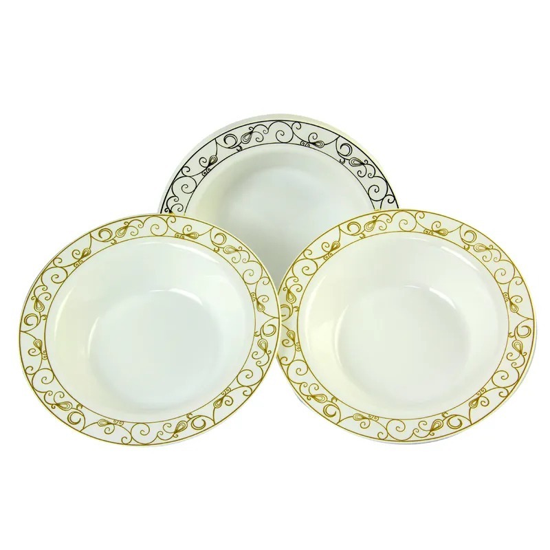 Rosymoment 7-inch Disposable Premium Quality Plastic Dinner Bowl Set of 10, White/Golden