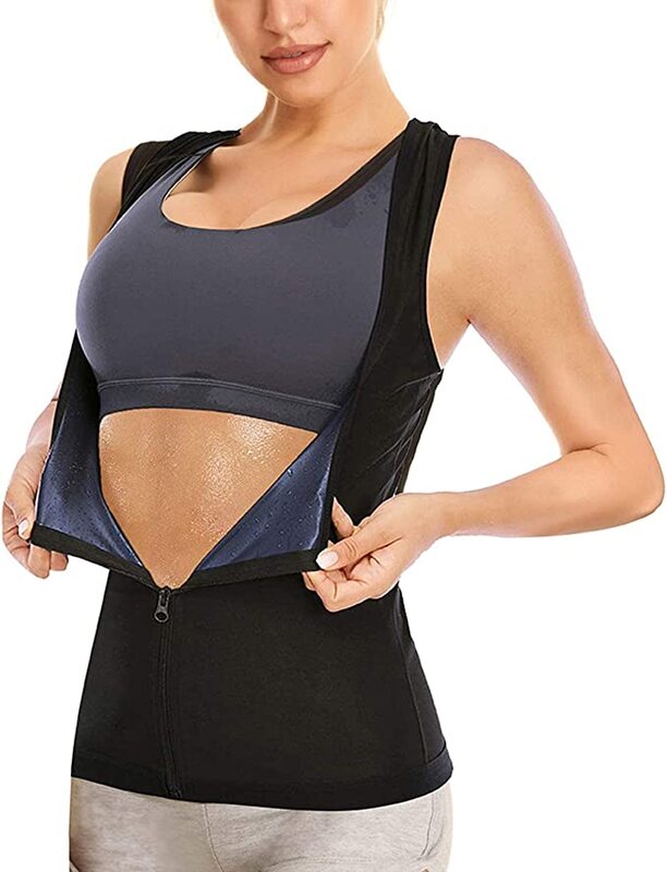 Finlin Sauna Suit Sweat Waist Trainer Polymer Vest for Women Sweat Workout Tank Top Shaper with Zipper, Large-X Larger, Black