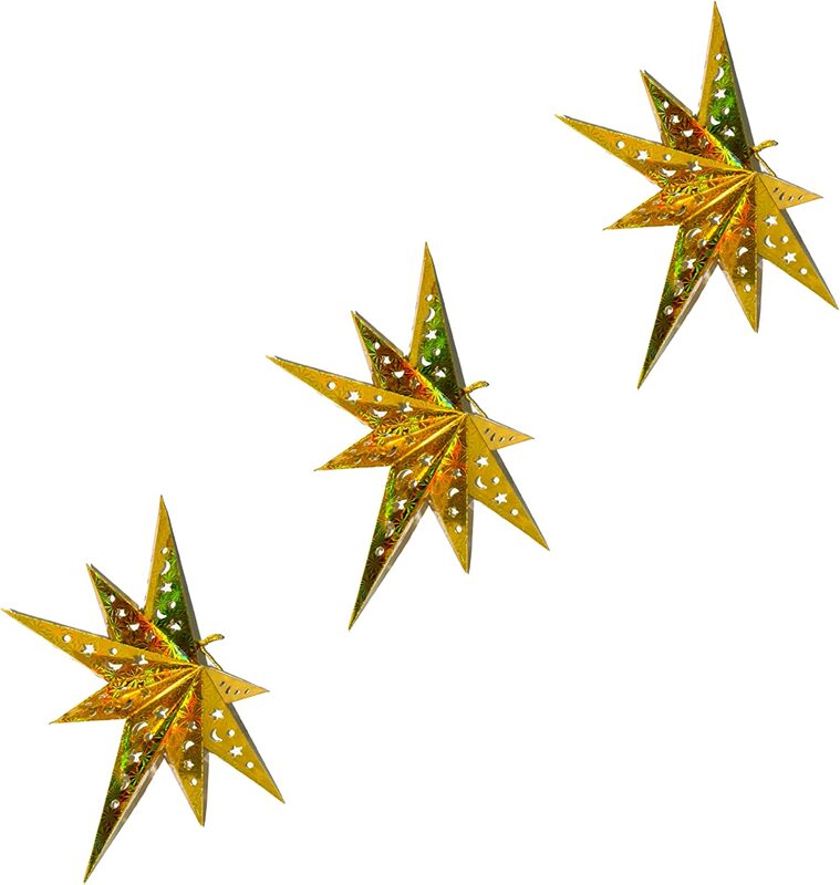 3Pcs Hollow Out Paper Star Lantern, Hanging Star Decoration 60CM Folding Hollow Out Hanging Decorative Star Lanterns for Weddings Holiday Birthday Party (Gold 1x3)