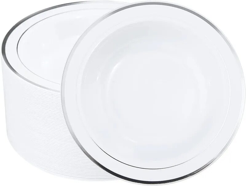 Rosymoment 7-inch Disposable Premium Quality Plastic Dinner Bowl Set of 10, White