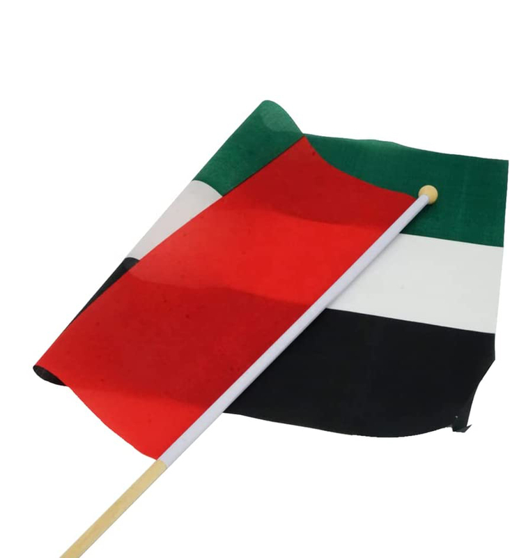 UAE FLAG 20X28 WITH WOODEN STICK 12 PCS PACKING WITH UAE CARD PACKING MUD DRAGON MATERIAL