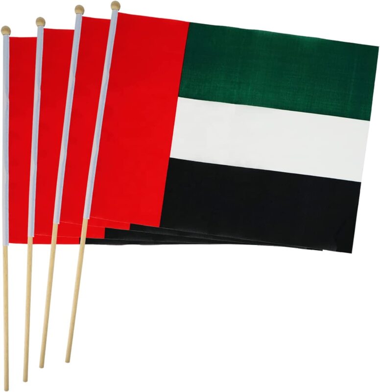 UAE FLAG 20X28 WITH WOODEN STICK 12 PCS PACKING WITH UAE CARD PACKING MUD DRAGON MATERIAL