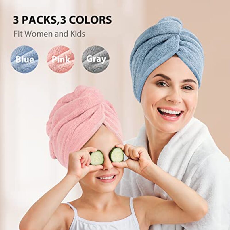 Yfong Women/Girls Microfiber More Absorbent Wet Hair Fast Drying Hair Turban Towels with Buttons for Curly Hair, Multicolour, 3-Pieces