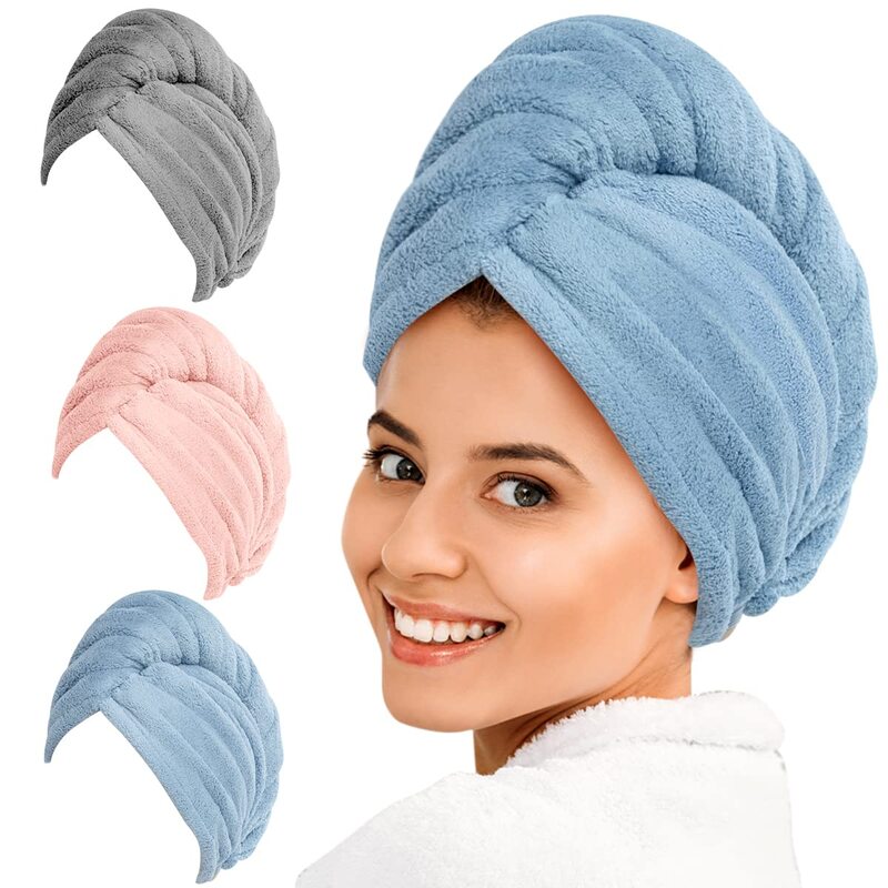 Yfong Women/Girls Microfiber More Absorbent Wet Hair Fast Drying Hair Turban Towels with Buttons for Curly Hair, Multicolour, 3-Pieces