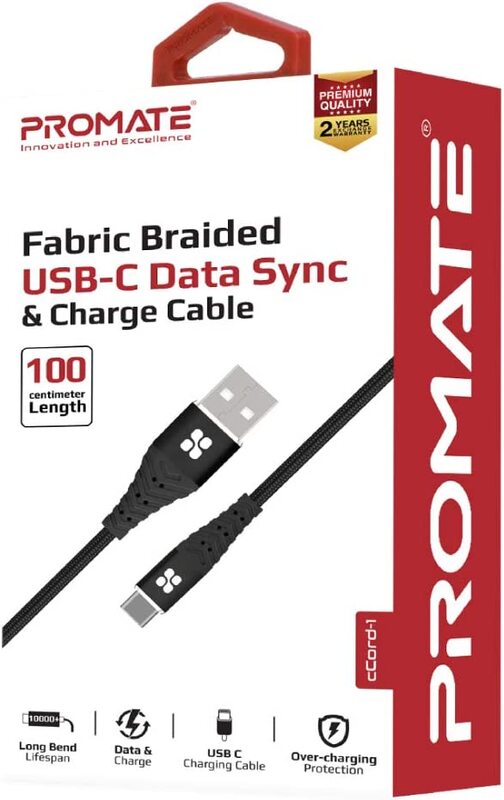Promate 100cm cCord-1 Fast Charging Fabric Braided USB Type-C Cable, Black