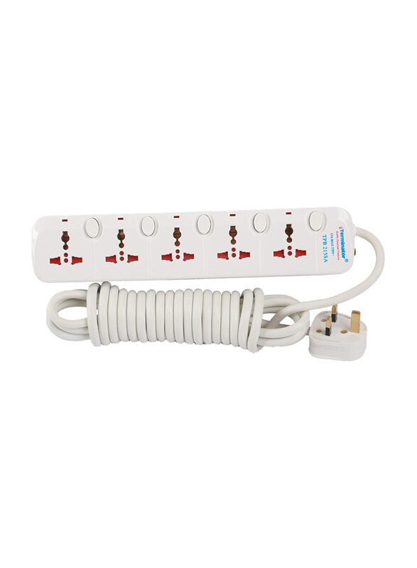 Terminator 3-Meter 5-Way Universal Power Extension Socket with TPB 215SA Cable, White