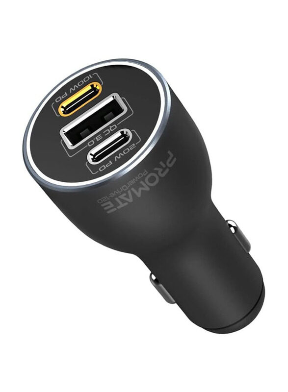 

Promate 2 USB Type-C & 3.0 USB Car Charger, Black