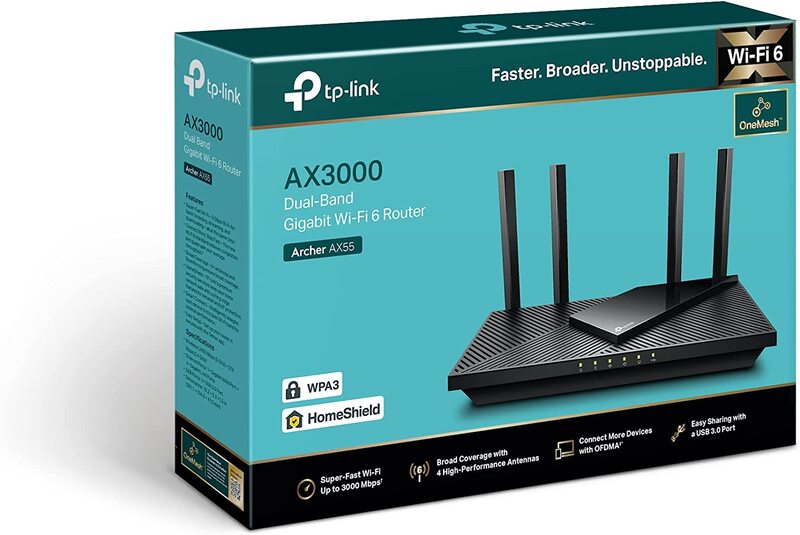 TP-Link Archer AX55 Next-Gen Wi-Fi 6 AX3000 Mbps Gigabit Dual Band Wireless Router, Black