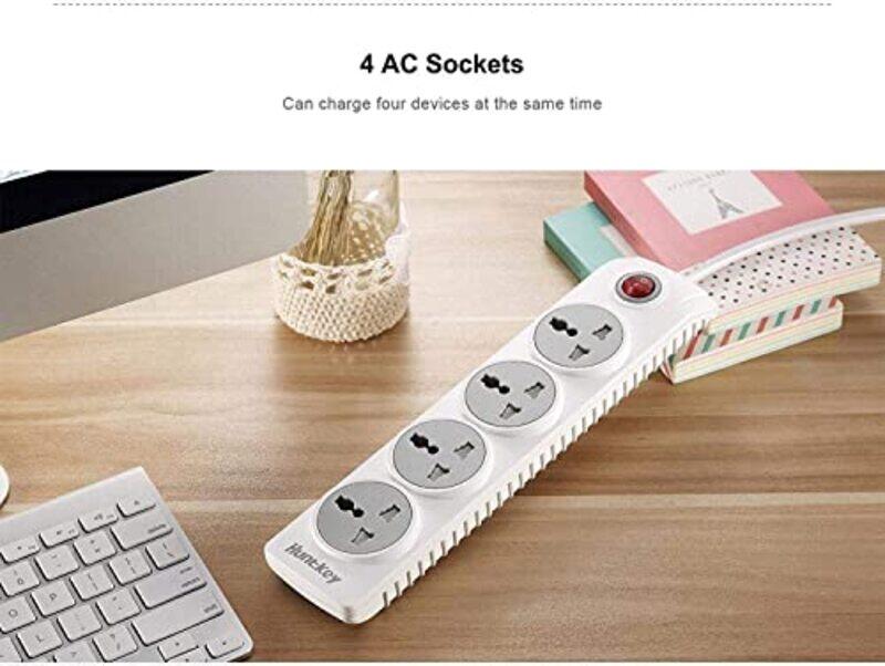 Huntkey 1.8-Meter 4-Outlet Power Extension Smart Surge Protector Power Strip With Safety Switch, Child Protection, Szn 401, White