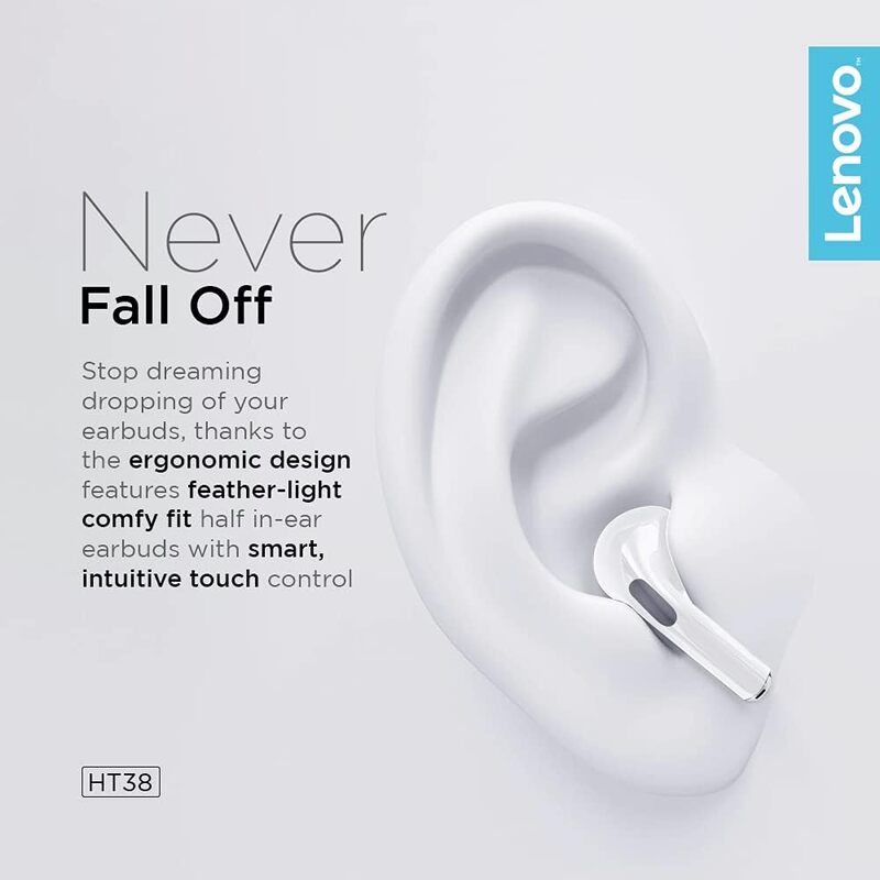 Lenovo HT38 True Wireless - Bluetooth Stereo Half In-Ear Noise Cancelling Earphones, White