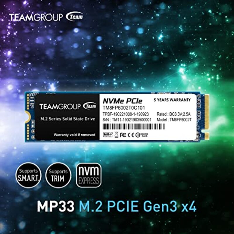 TeamGroup 2TB MP33 SLC Cache 3D NAND TLC NVMe 1.3 PCIe Gen3x4 M.2 2280 Internal SSD, TM8FP6002T0C101, Multicolour
