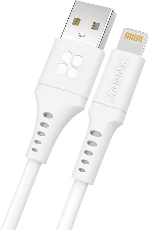 

Promate Anti-Tangle Silicone Cable, Durable 2.4A USB Type-A to Lightning Charging Cable for Apple iPhone 13/iPad, PowerLink-Ai200, White