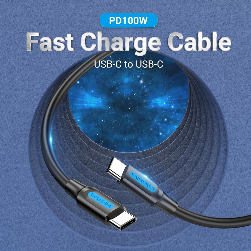 

Vention 1-Meter Fast Charging 100W 5A & Data Transfer Rate 480Mbps Cable, USB 2.0 Type-C Male to Male Cable, PD100W, Black