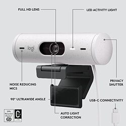 Logitech Brio 500 Full HD Webcam with Auto Light Correction, White