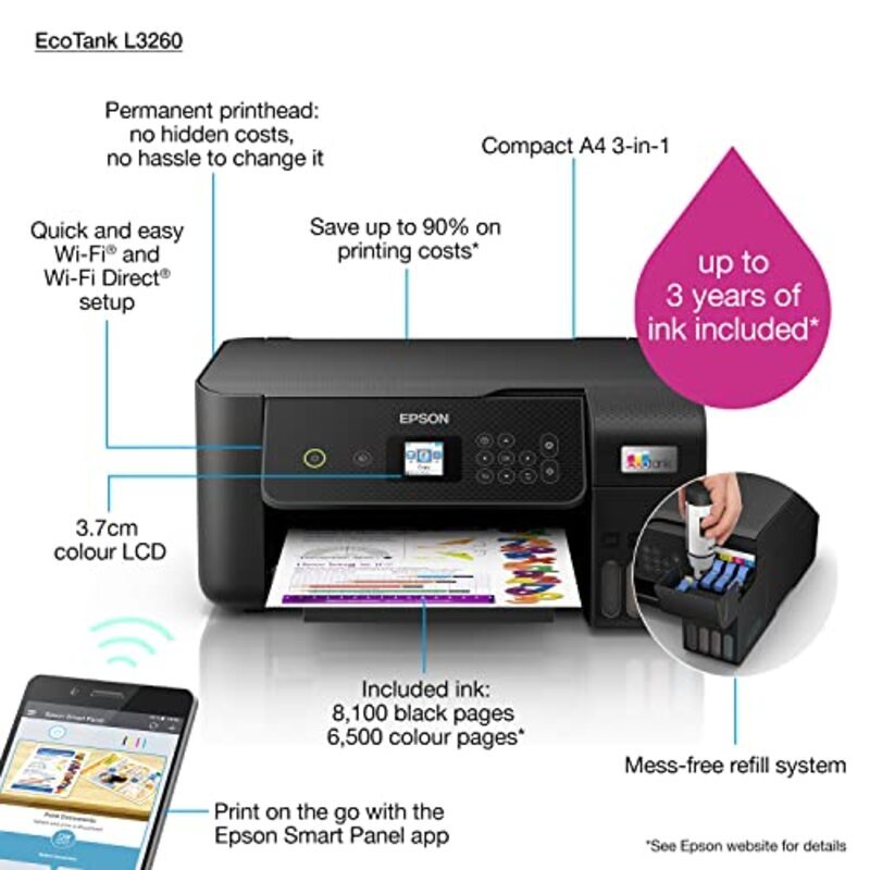 Epson EcoTank L3260 Inkjet Printer, Black