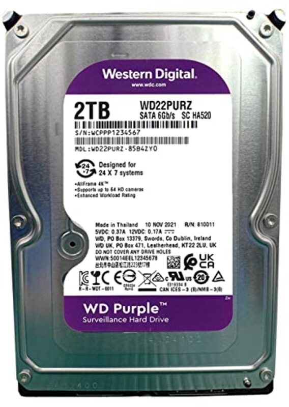 Western Digital 2TB Hard Drive Purple/s with 24/7 Recording, Ideal for Surveillance Systems, WD22PURZ, Purple