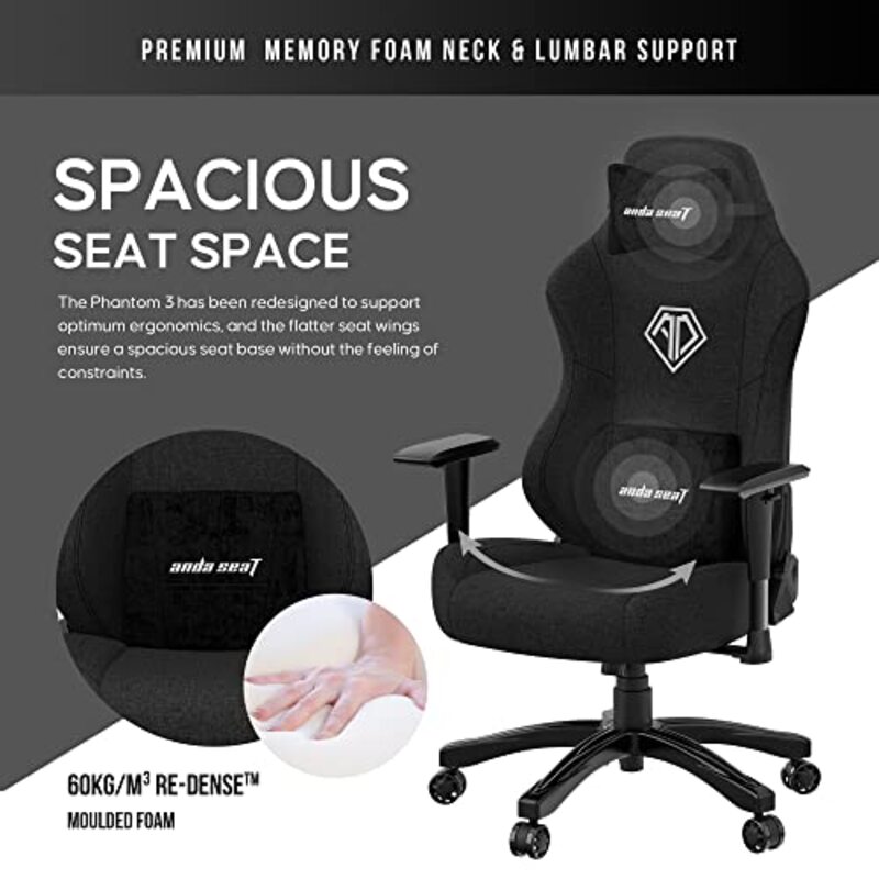 Anda Seat Phantom 3 Series Premium Gaming Chair with Neck Pillow and Lumbar Back Suppor Fabric, Black