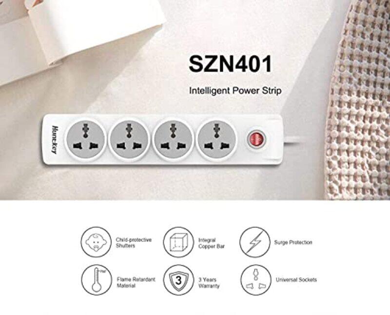 Huntkey 1.8-Meter 4-Outlet Power Extension Smart Surge Protector Power Strip With Safety Switch, Child Protection, Szn 401, White