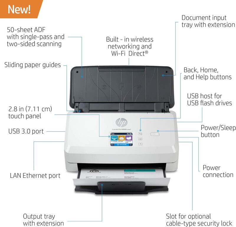 HP ScanJet Pro N4000 SNW1 Sheet Feed Scanner, Up to 600 dpi Scan Resolution, 50 Sheets Document Feeder Capacity, 4,000 Page Duty Cycle, Support Ehternet, WiFi & WiFi Direct, White 6FW08A