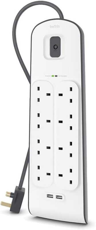 

Belkin 8 Way Surge Protection Strip Extension Socket with USB Ports, White